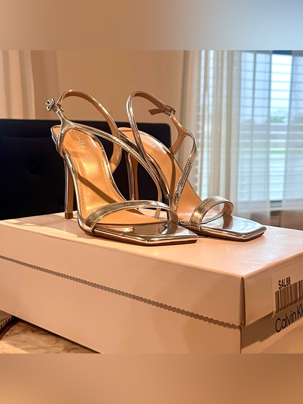 Calvin Klein Silver Metallic Strappy Stiletto Dress Sandals | SZ. 6 (NWB)
